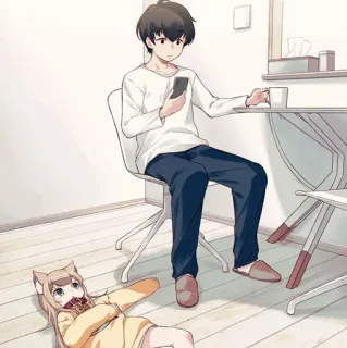 ✨ Аниме, Парень, Девушка, Кошачьи ушки, В помещении, Смартфон, Каваий whatsapp sticker