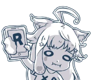 😖 R anime meisje, kattenoren, telefoon, letter R, cartoon, sticker, kawaii telegram sticker
