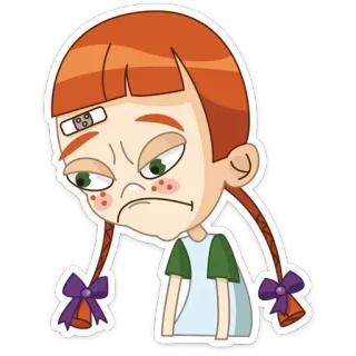 ☹ girl, cartoon, sticker, sad, freckles, pigtails, bows, band-aid telegram sticker