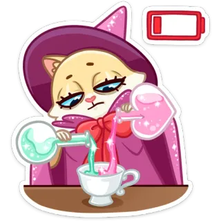 ☹️ kat, tovenaar, drankje, magie, batterij leeg, cartoon, schattig, moe telegram sticker