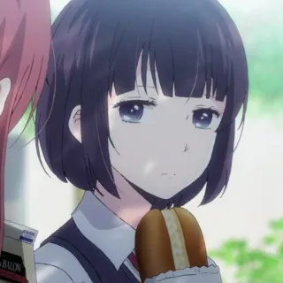 🔖 Anime, Mädchen, Bob-Frisur, Traurig, Süß, Schuluniform, Brot telegram sticker