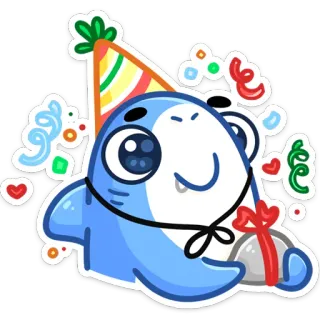 🥳 tubarão, fofo, desenho animado, celebração, chapéu de festa, presente telegram sticker