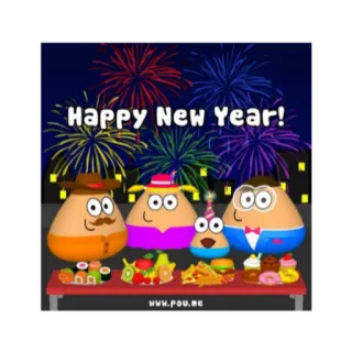 🎄 HAPPY New Year! Pou, 花火, 新年, お祝い, パーティー, アニメ telegram sticker