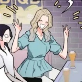🥢 woman, cheerful, beer, drinking, table, restaurant telegram sticker