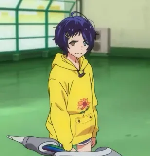 😤 Ai Ohto Wonder Egg Priority anime, girl, yellow hoodie, flower, Ai Ohto telegram sticker
