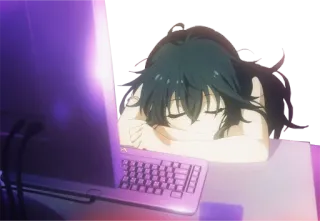 😴 Anime, Garota, Computador, Cansada, Dormindo, Escrivaninha telegram sticker