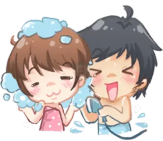 🛀 couple, shower, cartoon, cute, bath, love, water, happy whatsapp sticker