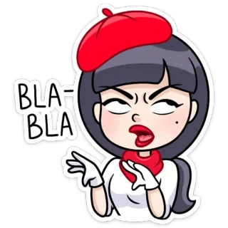 😒 BLA BLA Мультфильм, Женщина, Берет, Разговор, Отношение telegram sticker