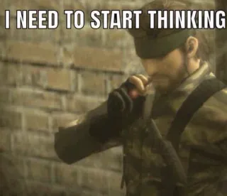 🤔 Solid Snake Metal Gear I NEED TO START THINKING serpent, soldat, réflexion, jeu vidéo, militaire telegram sticker