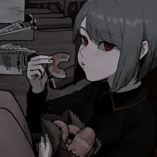 ⛓ アニメガール, ドーナツ, 食べる, 赤い目, ショートヘア telegram sticker