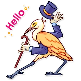 👋 Hello pássaro, desenho animado, cumprimento, chapéu, bengala, formal telegram sticker