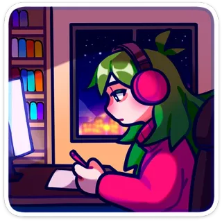 💻 Аниме, Мультфильм, Девушка, Компьютер, Ночь, Учеба telegram sticker