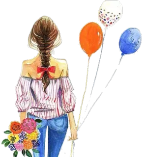 🎈 femme, ballons, fleurs, vue de dos, fille, aquarelle, illustration telegram sticker
