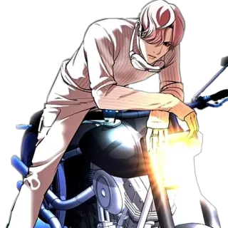 🦔 manhwa, character, man, motorcycle, pink hair telegram sticker
