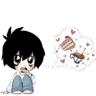 🤤 L Lawliet Death Note L Lawliet, Death Note, Anime, Manga, Dessert, Kuchen, Kaffee, Kawaii, Chibi telegram sticker