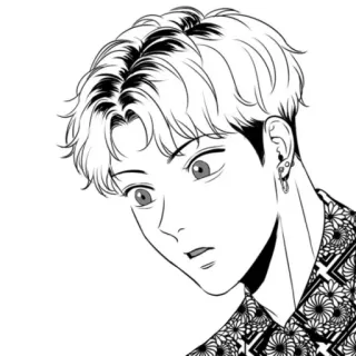 😟 Estilo anime, homem jovem, ilustração, preto e branco, estilo coreano telegram sticker