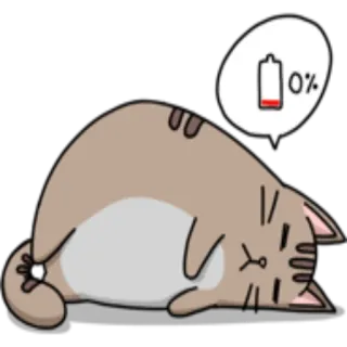 😴 0% gatto, esausto, stanco, batteria, assonnato, batteria scarica, cartone animato, animale whatsapp sticker