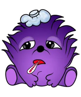 😔 chory, chora, termometr, okład z lodu, kreskówka, puszysty, fioletowy telegram sticker