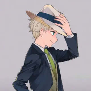 🎩 anime, personaje, traje, sombrero, rubio, corbata, sonrojo telegram sticker