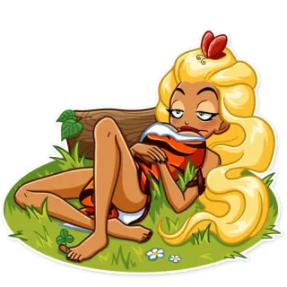 😑 dessin animé, blonde, couché(e), herbe, loisirs whatsapp sticker