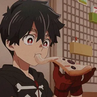 🥯 anime, desenho animado, menino, comendo, pizza, língua, comida telegram sticker