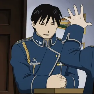 💙 Roy Mustang Fullmetal Alchemist Roy Mustang, Fullmetal Alchemist, anime, fictional character, high five, reaction, stare, military uniform telegram sticker