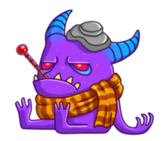 🤧 Monster, krank, erkältet, Cartoon, Thermometer, Schal, lila whatsapp sticker