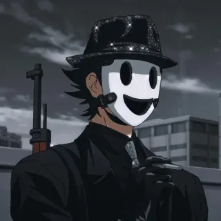 🎭 Аниме, Маска снайпера, Пистолет, Насилие, Шляпа, Костюм, Оружие telegram sticker