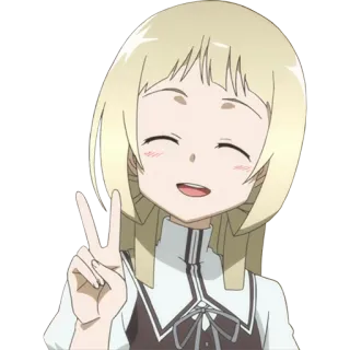 ✌ Anime, Ragazza, Segno di pace, Sorridendo, Capelli biondi, Cartone animato telegram sticker