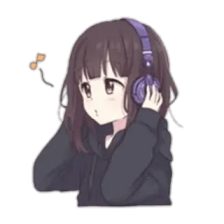 😀 chica anime, auriculares, lindo, dibujos animados, arte digital whatsapp sticker