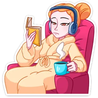 🎧 membaca, buku, relaksasi, kopi, headphone, kursi, jubah telegram sticker