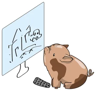 👍 cerdo, televisión, dibujos animados, animal, pantalla, mando a distancia whatsapp sticker