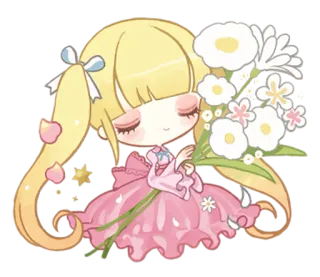 😌 女孩, 花, 可爱, 卡通, 粉色, 金发, Q版, 卡哇伊 telegram sticker