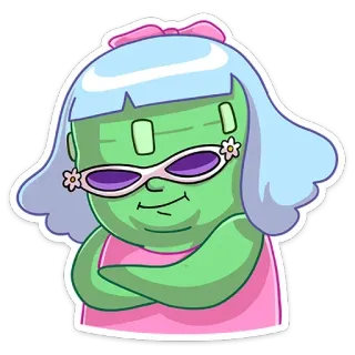 😎 Sticker, Dessin animé, Personnage vert, Lunettes, Nœud, Robe rose, Bras croisés telegram sticker