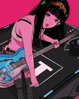 🍭 anime girl, guitar, music, illustration, cartoon, pink, woman, art telegram sticker