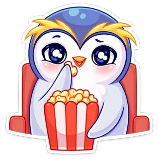🍿 пингвин, милый, попкорн, фильм, кино, животное, мультфильм whatsapp sticker