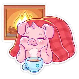 ☺️ cerdo, lindo, acogedor, chimenea, invierno, cálido, manta, té, dibujos animados telegram sticker