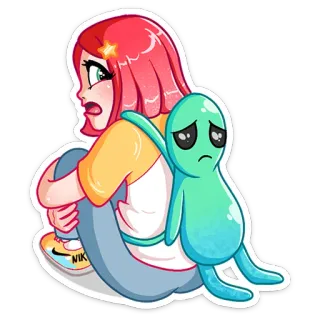 ☹️ girl, alien, cartoon, sad, hug, character, cute, sticker whatsapp sticker
