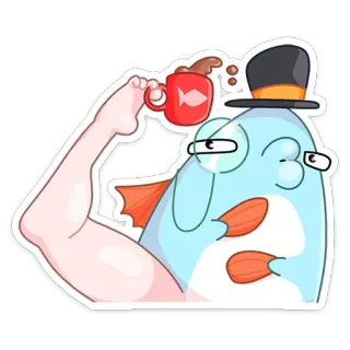 ☕️ ปลา, กาแฟ, กล้ามเนื้อ, การ์ตูน, ตัวละคร, หมวกทรงสูง, น่ารัก telegram sticker