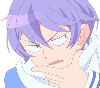 💭 anime, ragazzo, capelli viola, pensieroso, cartone animato, personaggio, illustrazione whatsapp sticker