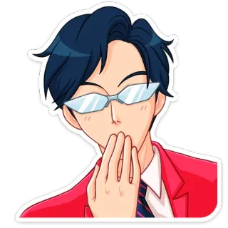 🙊 อนิเมะ, ผู้ชาย, แว่นตา, ชุดสูทสีแดง, การ์ตูน, ตัวละคร, สีหน้า whatsapp sticker