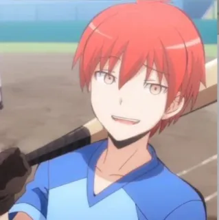 ✨ Karma Akabane Assassination Classroom anime, red hair, baseball, school, smiling telegram sticker