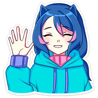 ✋ 애니메이션 여자, 만화, 고양이 귀, 미소, 손 흔드는, 귀여운 telegram sticker