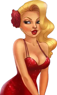 ↘️ donna, bionda, vestito, rosso, glamour, cartone animato whatsapp sticker