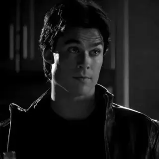 ▪️ Damon Salvatore The Vampire Diaries serial telewizyjny, aktor, wampir, czarno-białe, portret, dramat telegram sticker