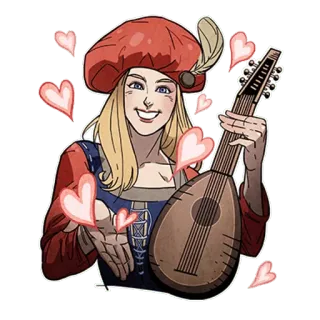 💗 kobieta, lutnia, serca, muzyk, uśmiech, kapelusz, blondynka telegram sticker