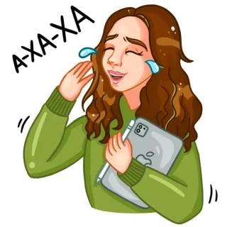 😂 A-XA-XA mulher, desenho animado, rindo, feliz, tablet, maçã, arte digital, desenho telegram sticker