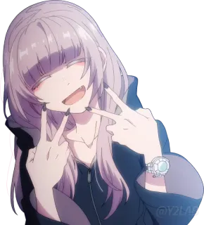 ✌ anime, chica, signo de la paz, sonriendo, pelo morado whatsapp sticker