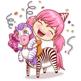 🎁 zebra, desenho animado, fofo, menina, festa, celebração telegram sticker
