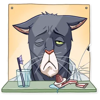 😪 Katze, Tier, Zahnbürste, Zahnpasta, traurig, Morgen, Cartoon, Sticker telegram sticker